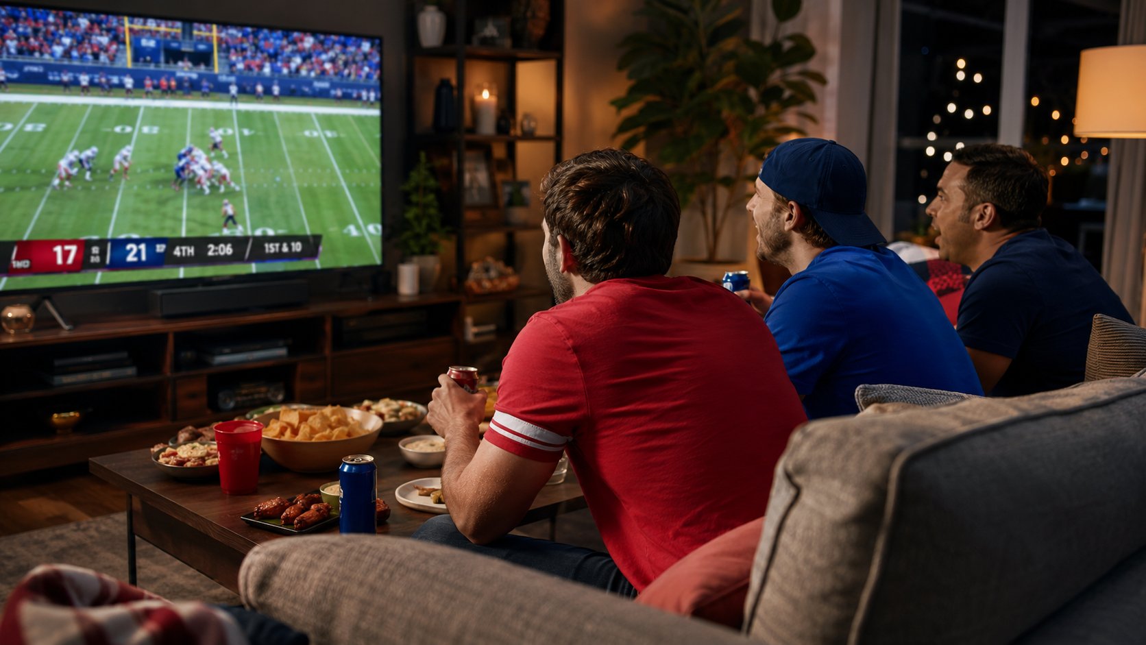 Friends watching sports game together on TV at home