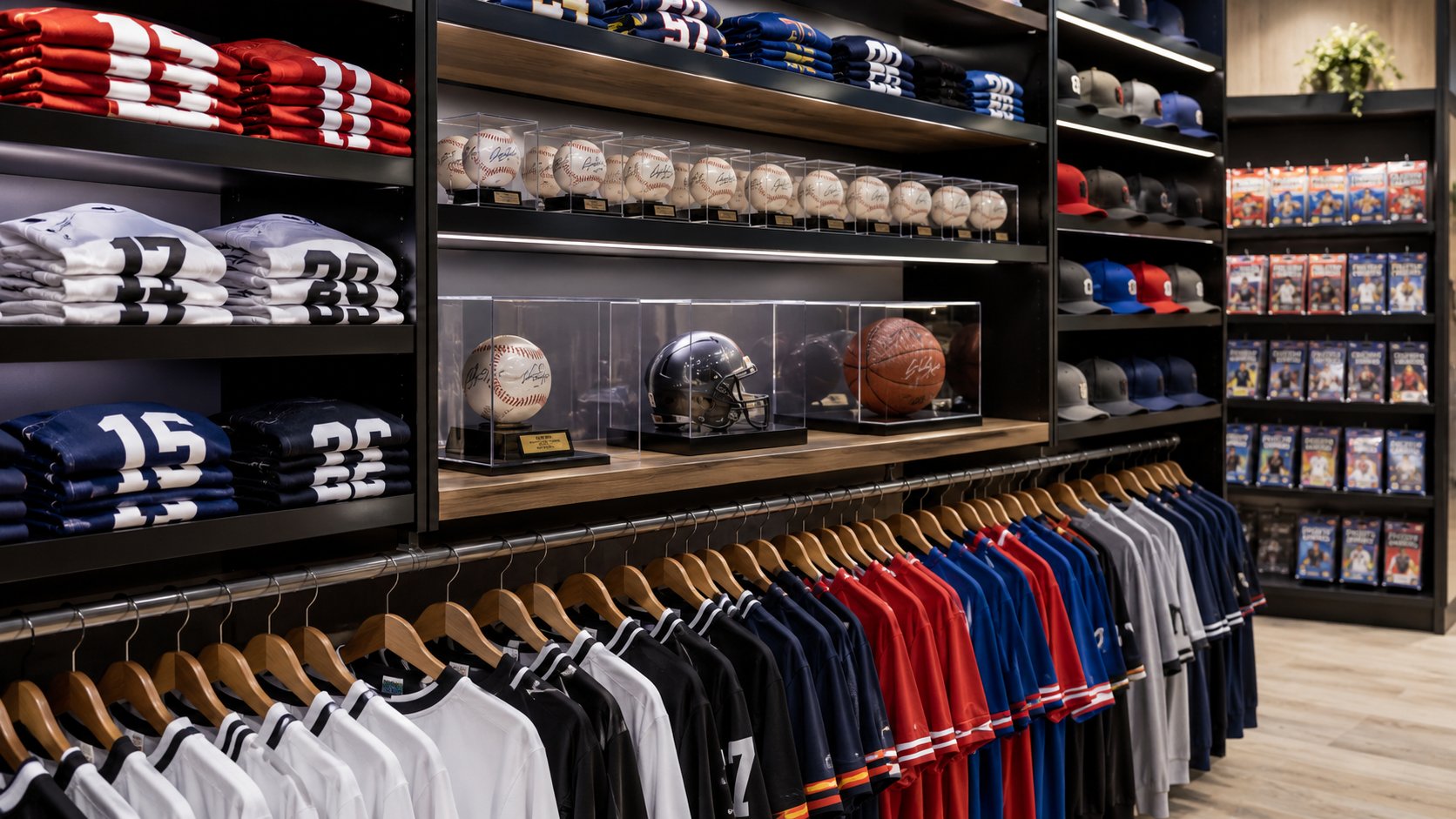 Sports retail store with jerseys, hats, signed memorabilia and trading cards
