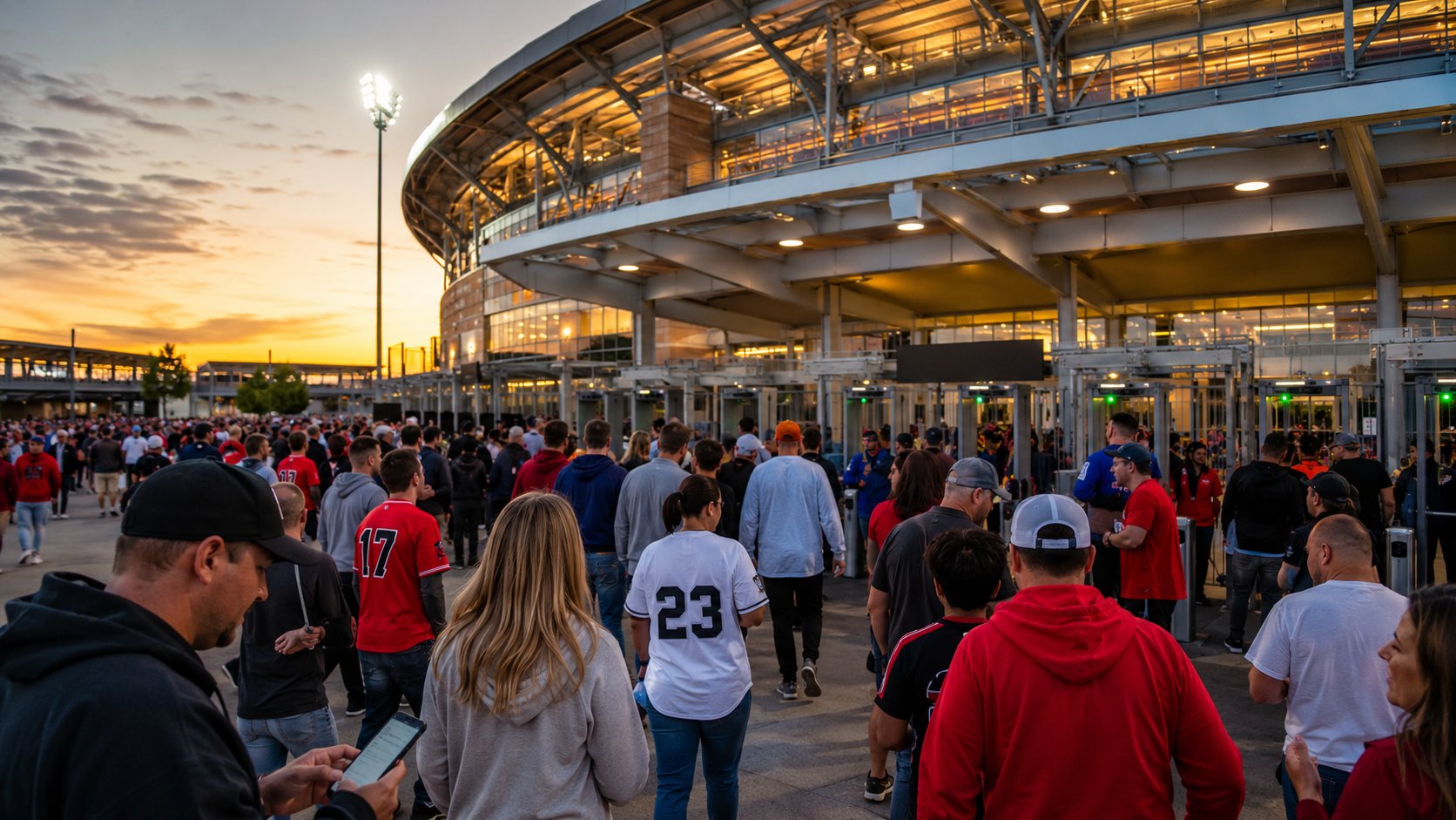 Fans entering stadium at dusk with tickets